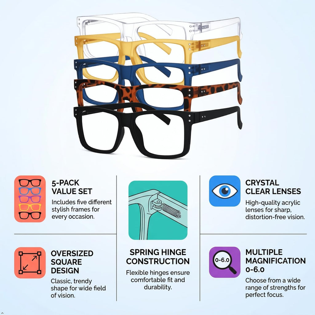 Eyekepper 5-Pack Oversized Square Reading Glasses +1.25 Men Women