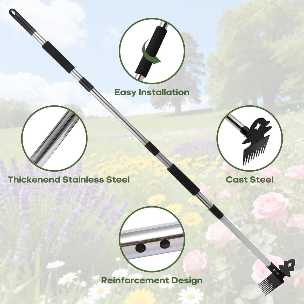 Babook Weed Tool with Long Handle - 60" Manual Weeder Remover Tool, 2 in 1 Hand Weed Rake and Garden Hoe for Gardening, Heavy Duty Uprooting Weeding Pull for Yard, Lawn, Patio and Garden