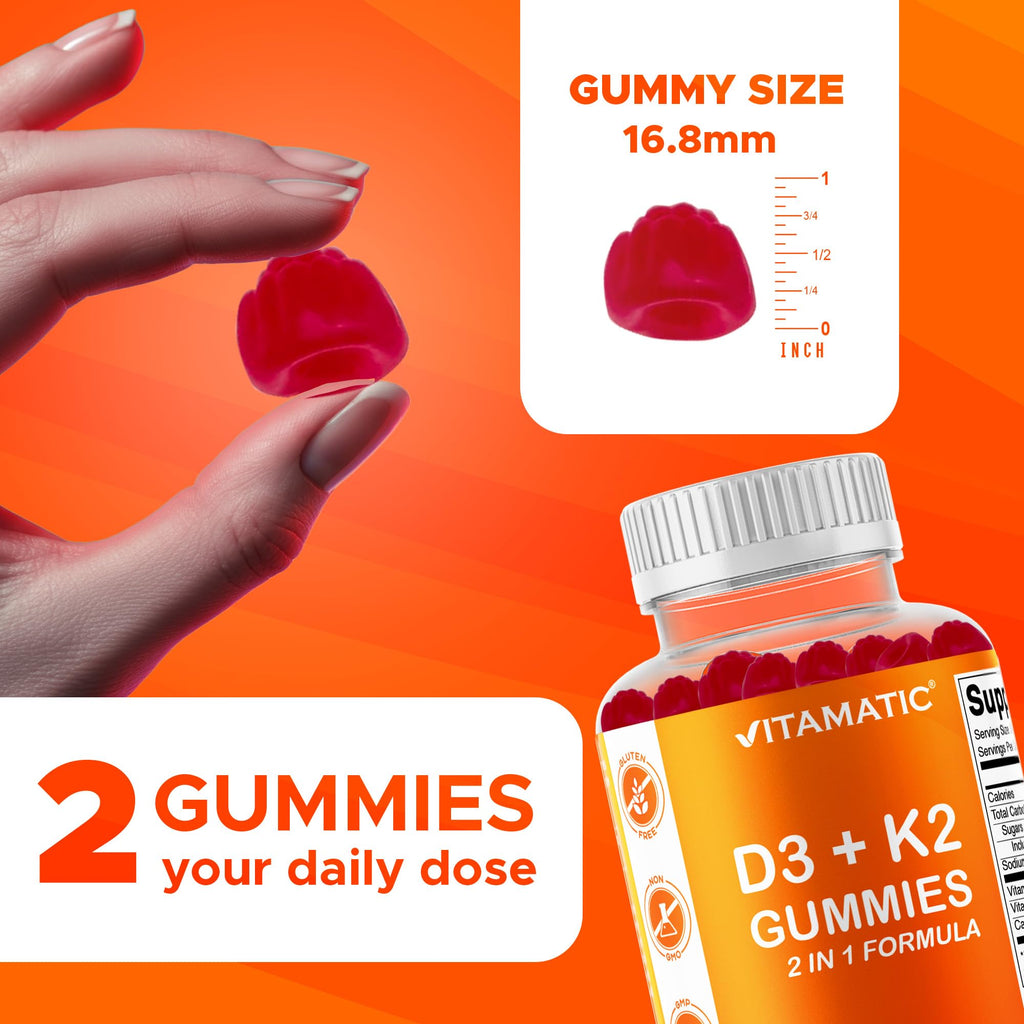 Vitamatic Vitamin D3 & K2 Gummies (2-Pack, 60 Count) Supports Healthy Bones, Heart Health, Calcium Absorption, and Immune Function Plant-Based, Non-GMO, Gluten-Free