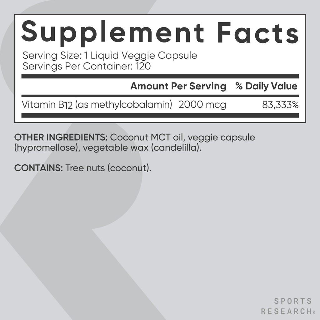Sports Research® Vitamin B12 as Methylcobalamin 2000mcg - Plant Based B12 w/Coconut MCT Oil for Energy Metabolism Support - Vegan Certified · Non-GMO · Gluten Free - 120 Liquid Caps