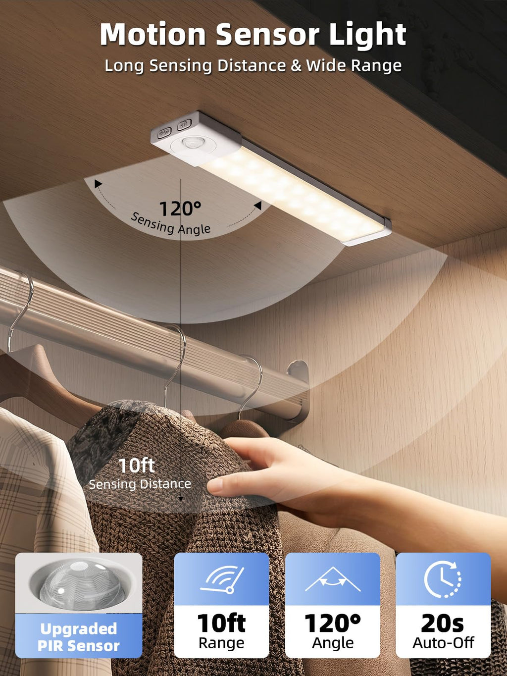 EZVALO Under Cabinet Lighting with Charging Station, 8 inch Motion Sensor Light Indoor, 1100mAh Rechargeable LED Light, 3 Color Temperatures, Dimmable Counter Lights for Kitchen, Closet, Stair (3Pack)