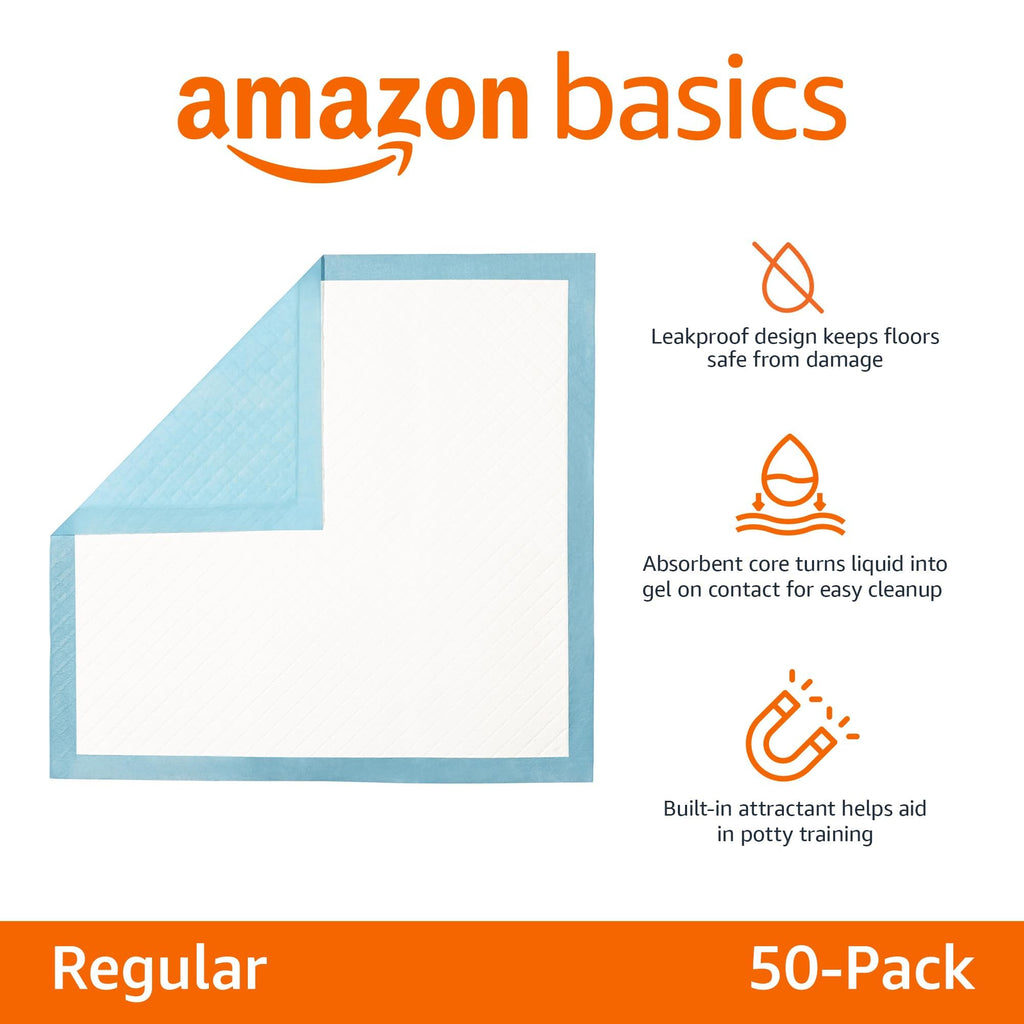 Amazon Basics Heavy Duty Dog and Puppy Pee Pads, Leak-Proof 5-Layer Super Absorbent, Quick-Dry Surface for Potty Training, Regular Size, 24x23", Blue & White, 50 Count