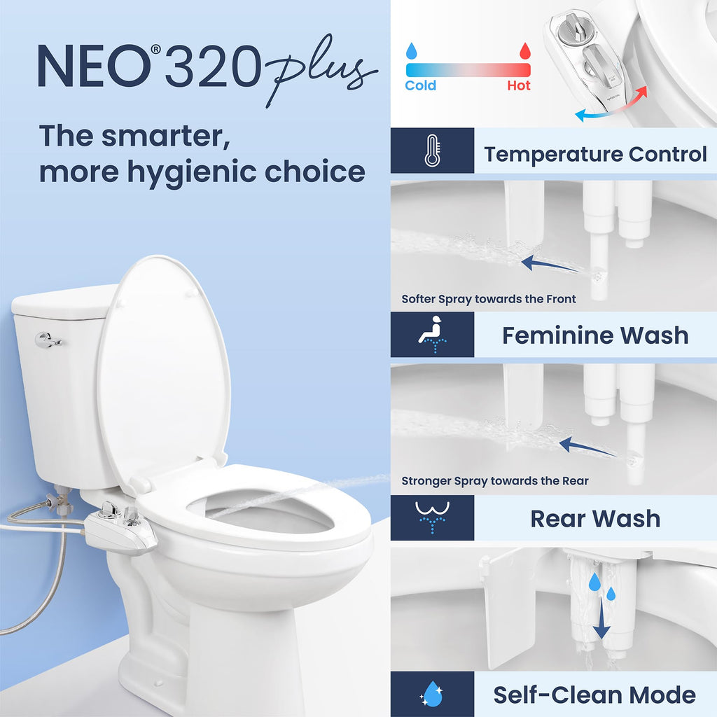 LUXE Bidet NEO 320 Plus - Warm Water, Dual Nozzle, Non-Electric Bidet Attachment for Toilet Seat, Patented Slide-In Install, 360° Self-Clean, EZ-Lift to Clean, Feminine & Rear Wash (Gold)