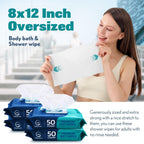 Body Wipes for Adults Bathing No Rinse - Adult Wipes for Elderly 8" x 12" (200 count) Shower No Rinse, Incontinence Disposable Washcloths, Aloe Vera, Vitamin E + 4 individual Packs