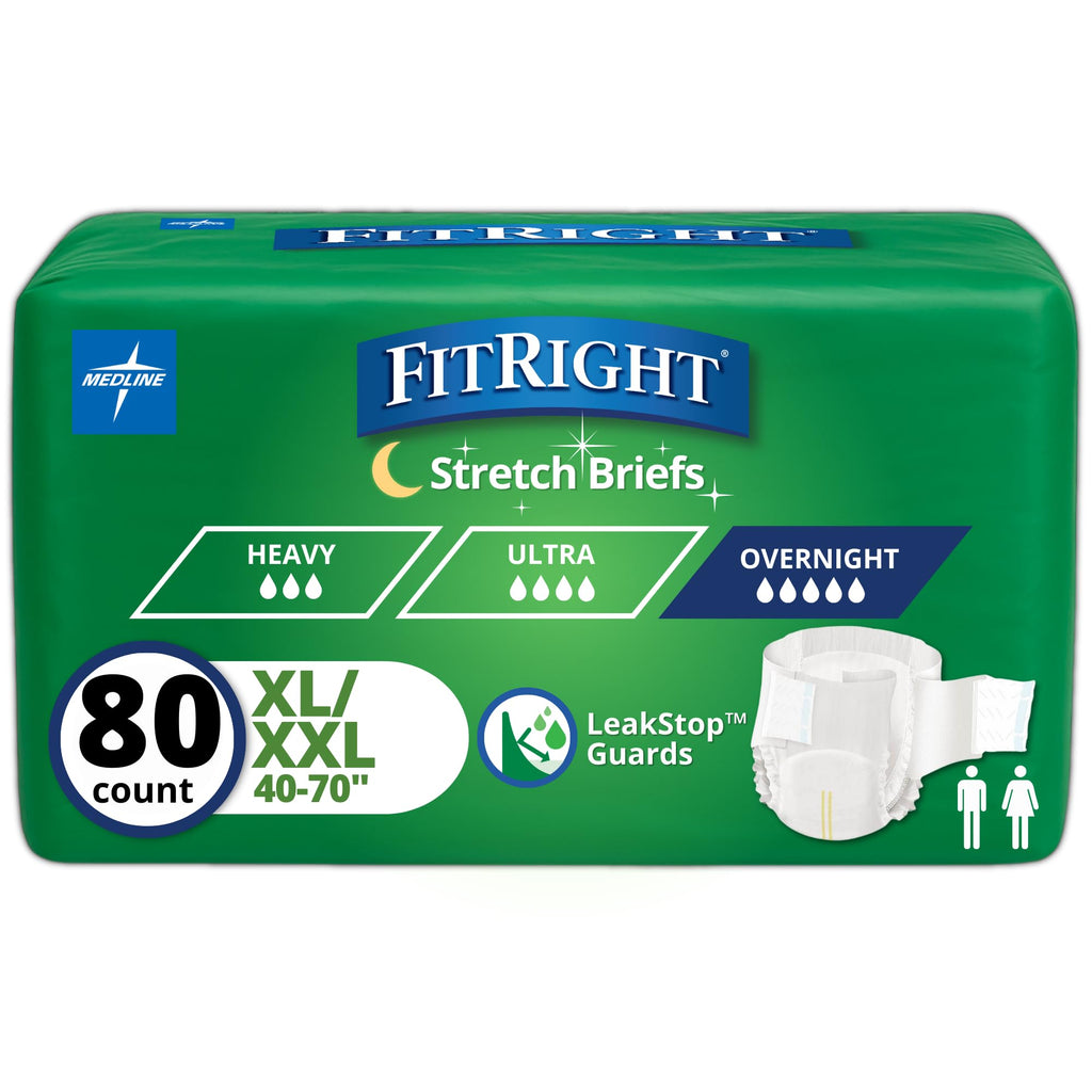 FitRight Stretch Briefs Overnight Adult Diapers, 80 Count, Waist Size 51"-71", Size XL-XXL, Incontinence Briefs for Men and Women, Disposable, Moisture Wicking, Leak Protection