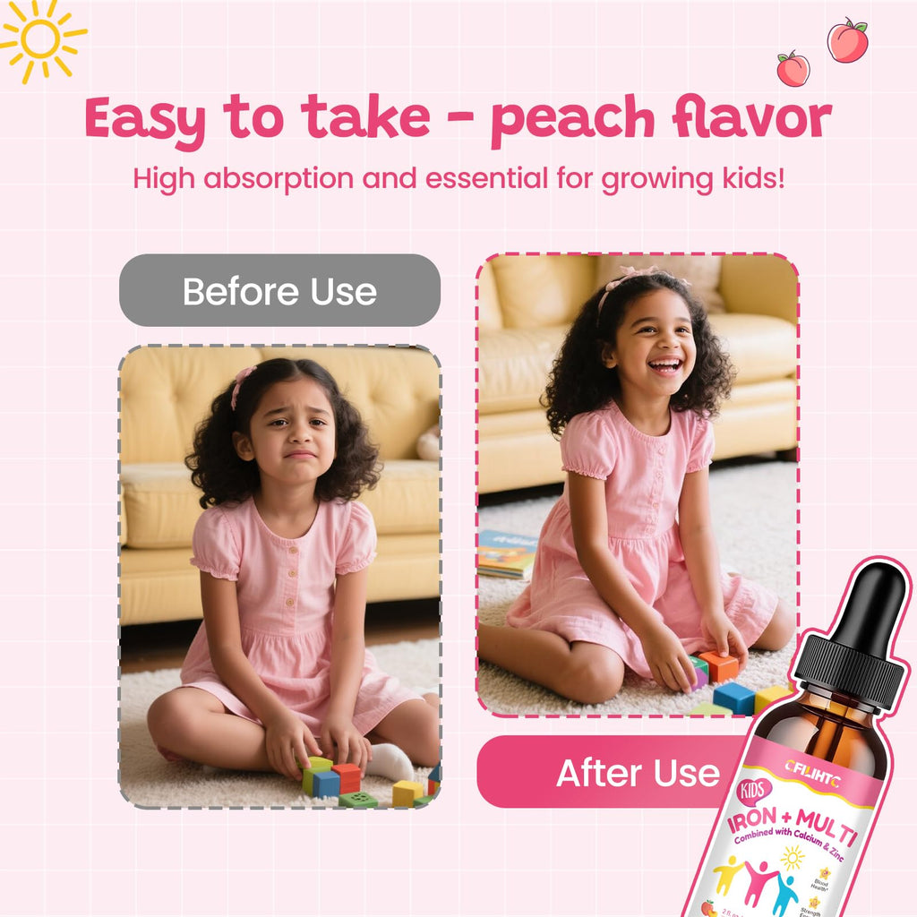Liquid Iron Supplement for Kids, Women & Men - with Calcium, Zinc, Kids Multivitamin with Iron Drops - Blood Builder & Energy Support for Iron Deficiency, Anemia, Peach Flavor 4 Fl Oz