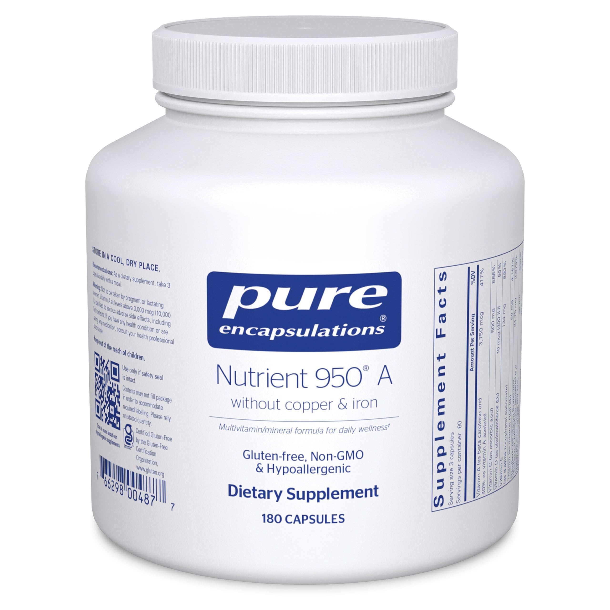 Pure Encapsulations Nutrient 950 A Without Copper & Iron | Hypoallergenic Multi-Vitamin/Mineral Formula for Optimal Health* | 180 Capsules
