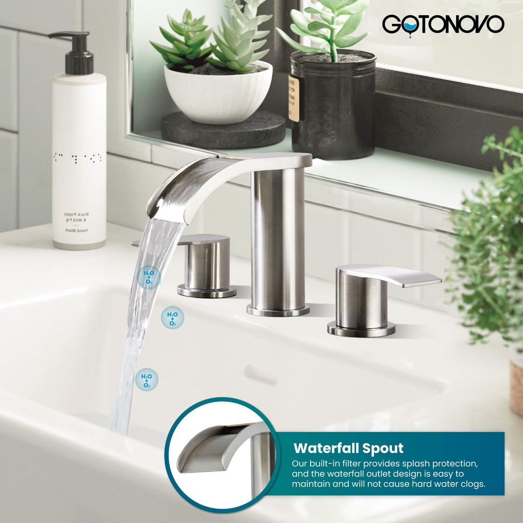 gotonovo Waterfall 8 inch Widespread Bathroom Faucet Set Bathroom Sink Faucet 3 Hole 2 Handle Vanity Lavatory Deck Mount with Pop Up Drain and Water Supply Lines Round Body Brushed Nickel