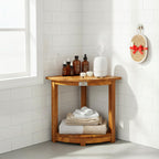 VICTORY RELAX Acacia Wood Corner Shower Stool - Waterproof Triangular Bathroom Bench with Storage Shelf & Soap Dish for Shaving, Natural Wood (17.9x12.7x16.5)