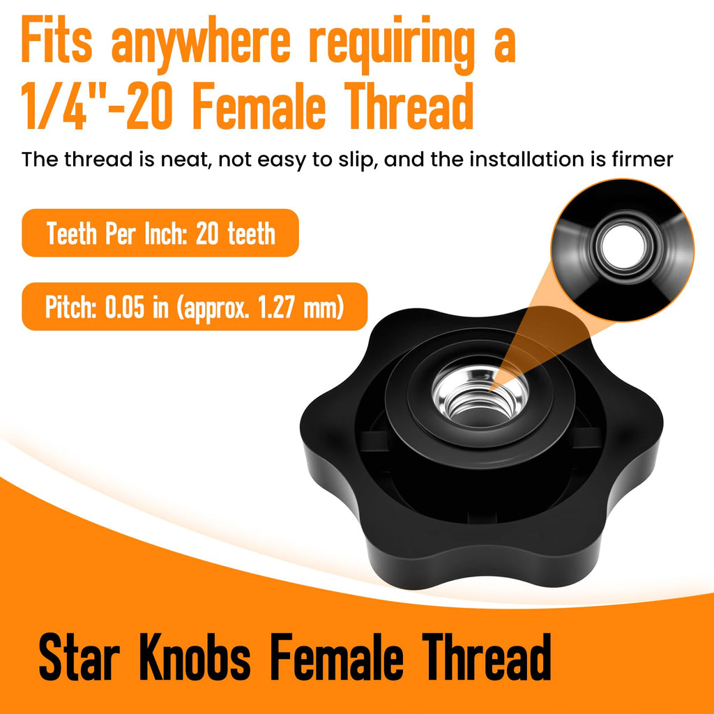Aifeier ET 16 Pcs 1/4"-20 Inch Knob | Black Nylon Screw-On Type Thru Threaded Nuts | 6-Star Shape Hand Tighten Clamping Knobs (0.25"/6.35mm)