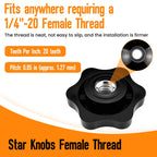 Aifeier ET 16 Pcs 1/4"-20 Inch Knob | Black Nylon Screw-On Type Thru Threaded Nuts | 6-Star Shape Hand Tighten Clamping Knobs (0.25"/6.35mm)