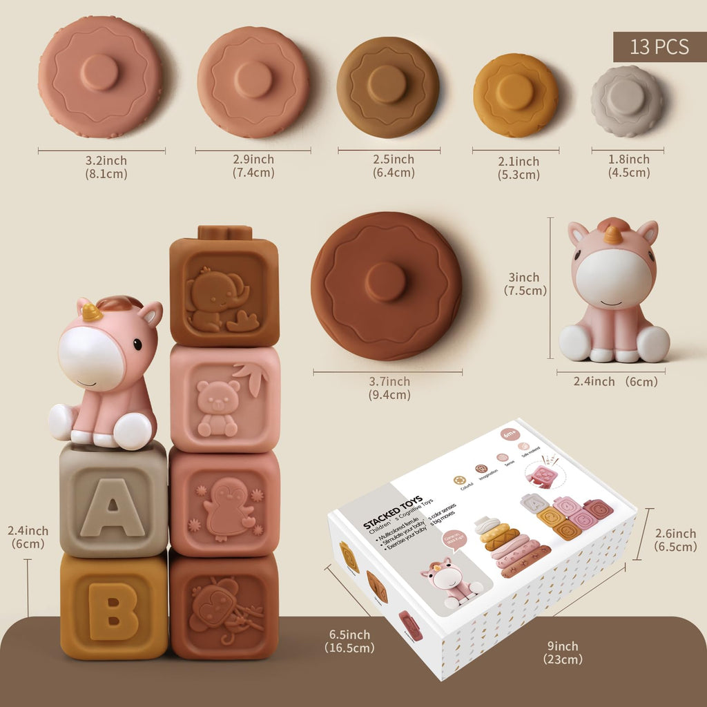 Nueplay 13 Pcs Building Circle & Blocks, Stacking & Nesting Baby Toys with Horse Figure, Newborn Essentials Squeeze Teething Toy Gifts for 6 12 18 Months Baby Toddler Girls