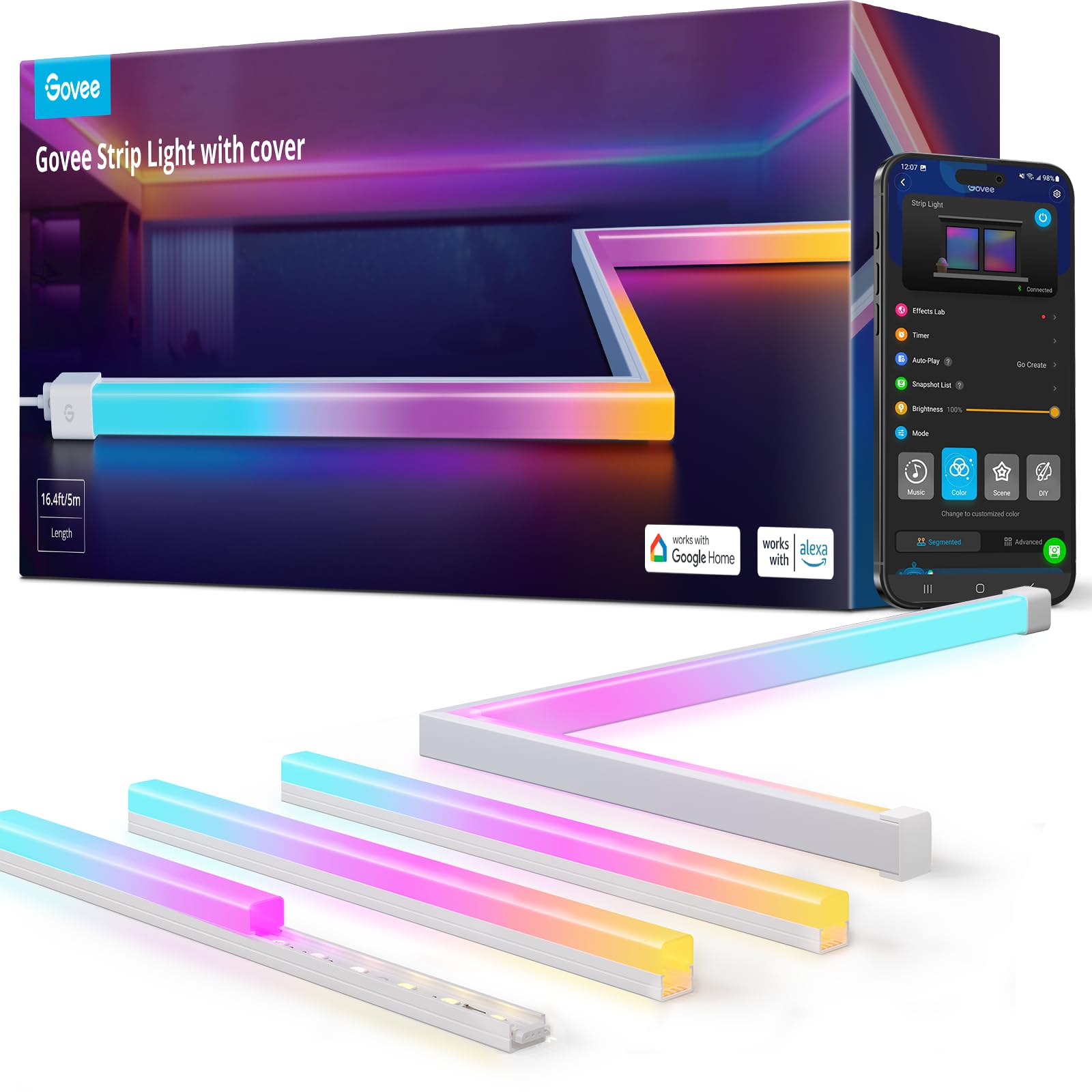 Govee RGBIC LED Strip Lights 16.4ft with Covers, Smart LED Lights for Bedroom Work with Alexa and Google Assistant, LED Diffuser Channel with Srtip Lights, Skirting Lines, Studio, Cabinet