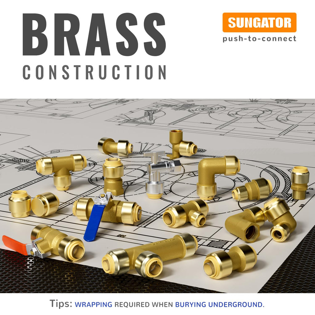 SUNGATOR 1-Inch Push Fit PEX Tee, No Lead Brass Plumbing Pipe Connector T Fittings with Disconnect Clip, Push-to-Connect, Copper, CPVC (2-Pack)