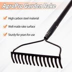 AgroPro Garden Rake for Lawn Heavy Duty, 14 Tines Metal Rake with Thick Fiberglass Handle, 58 Inches