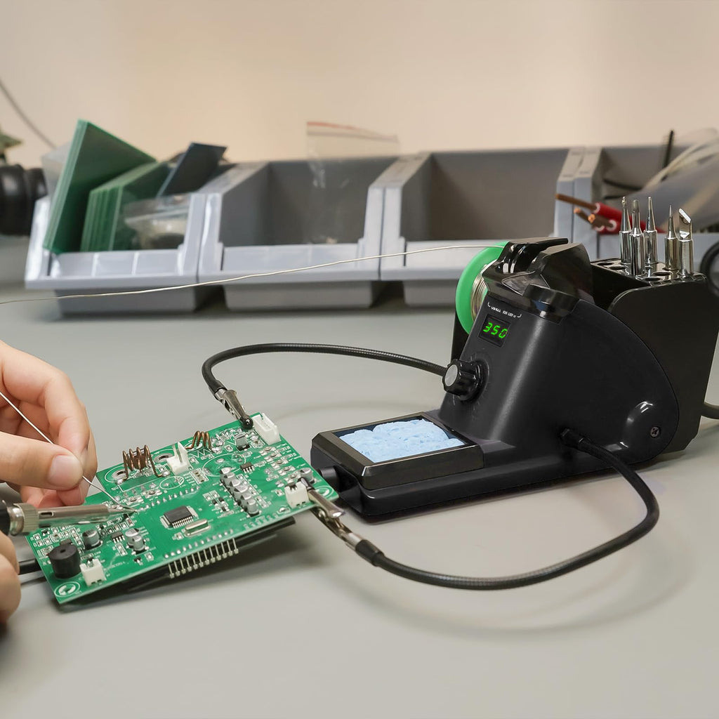 YIHUA 926 III 60W Digital Display Soldering Iron Station Kit w 2 Helping Hands, 6 Extra Iron Tips, Lead-Free Solder, Solder Sucker, S/S Tweezers, °C/ºF Conversion, Auto Sleep & Calibration Support