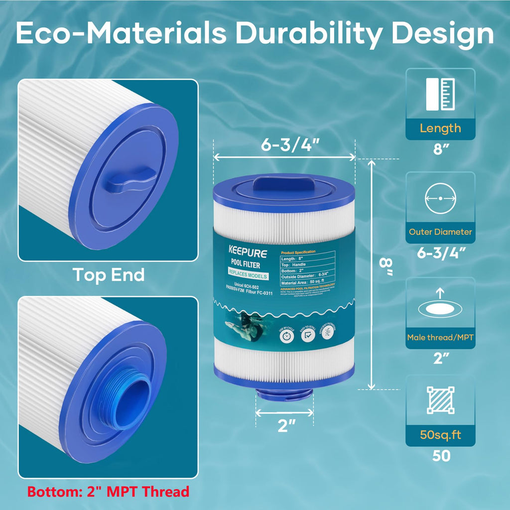 KEEPURE PAS50SV-F2M Hot Tub Filter Replacement for Artesian Spas,06-0005-12,6CH-502,06-0006-12,Filbur FC-0311,XLS-604,AR50,AK-9016,M60506 Spa Filter,50 Sq.ft,2Pack