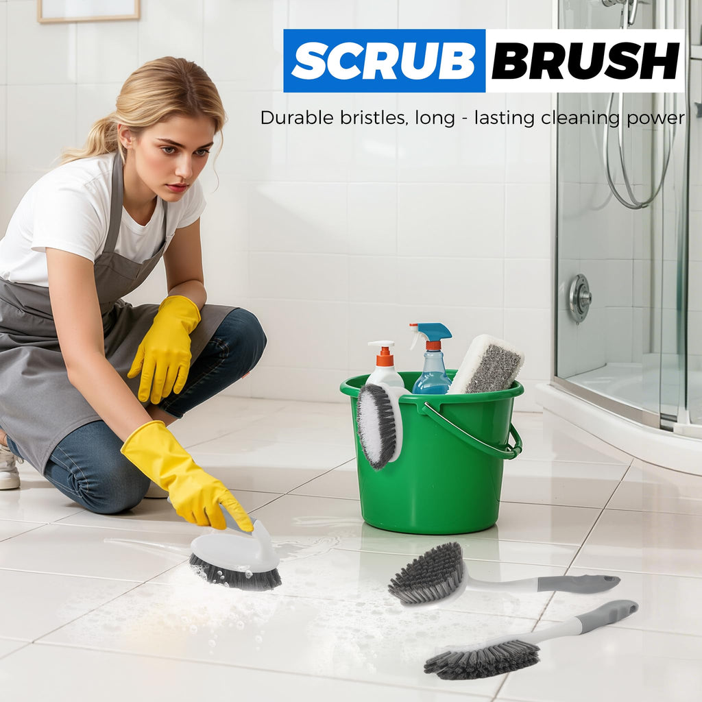 3 Pack Heavy Duty Scrub Brush Set for Household Use, Long Scrub Brush, Handheld Scrub Brush, and Crevice Brush with a Scraper Head for Cleaning Bathroom, Tile, Grout, Tub, Floor, Sink