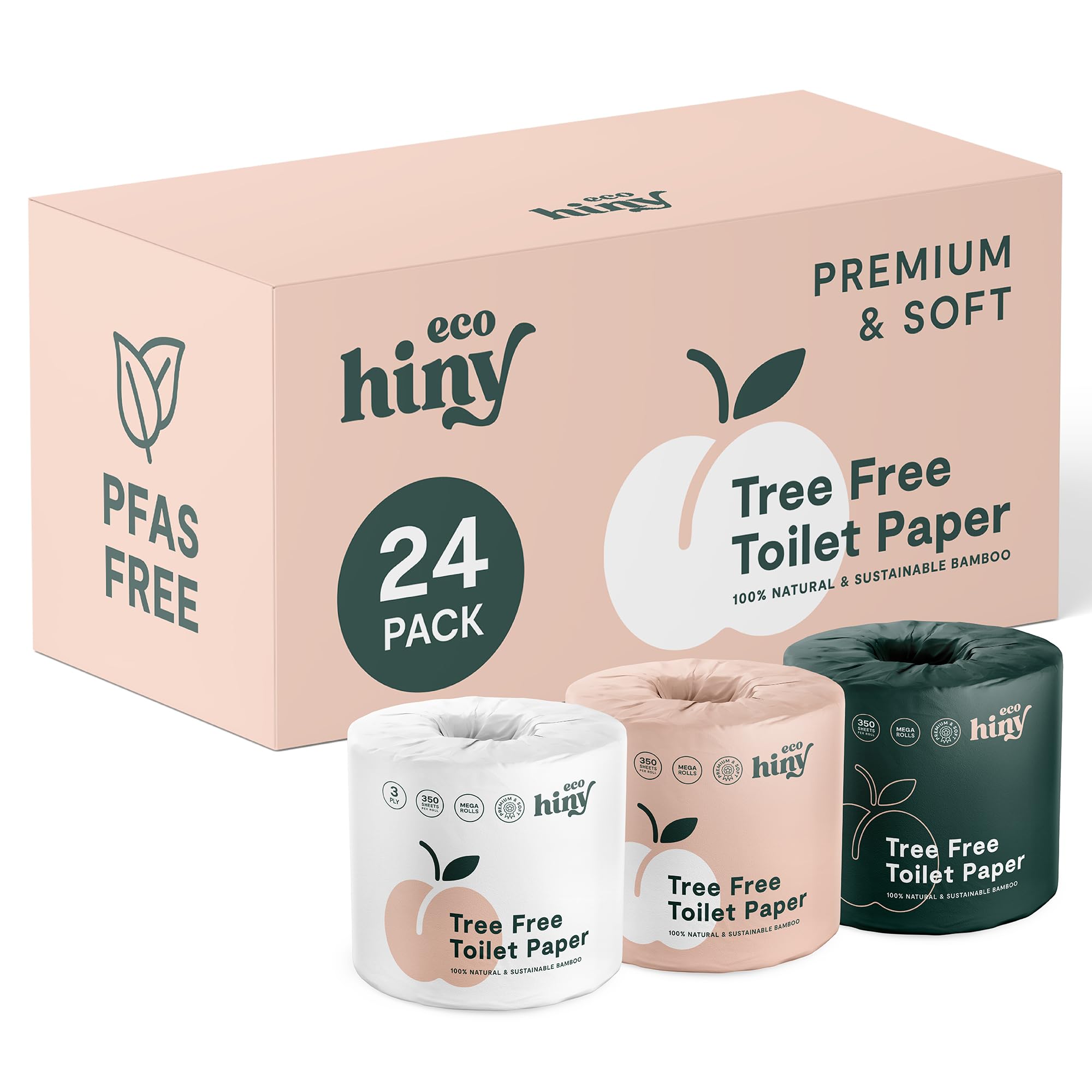 ecoHiny Premium & Soft Bamboo Toilet Paper | PFAS Free | 24 Mega Rolls, 3 ply & 350 Sheets | Non Toxic, FSC Certified, Septic Safe, BPA Free | Tree Free Toilet Tissue | Plastic Free Packaging