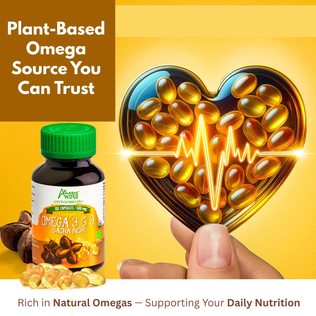 Amazon Andes Sacha Inchi Oil Capsules 500mg - Omega 3 6 9 Fatty Acids from Peru - 100 Softgels - Cold Pressed Virgin Inca Peanut Oil - Plukenetia Volubilis - Vegan Plant Based Non-GMO