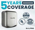 Alpine Industries 400-10-SSB Alpine Hemlock Automatic Hand Dryer - Heavy Duty Stainless Steel - Commercial High Speed Hot Air Hand Blower | 1800Watts | 110-120Volts | Quick & Easy Installation, Brushed Stainless Steel