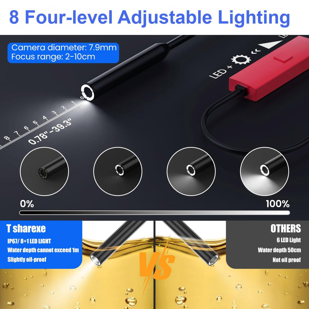 Endoscope Camera with Light, 1920P HD Borescope Camera with Light,Semi-Rigid Inspection Endoscope with 8 Adjustable LED, IP68 Waterproof Drain Scope Camera for for iOS/Android,16.4ft