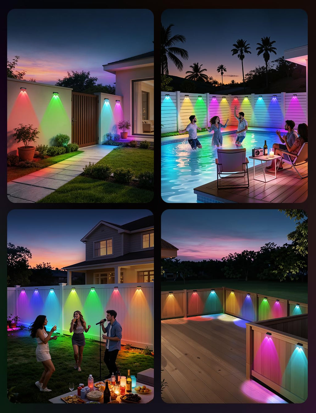 nibuuecer Solar Fence Lights Outdoor, 4 Pack Color Changing Fence Lights Solar Powered with 9 RGB Colors & 11 Lighting Modes, IP65 Waterproof Dusk to Dawn Fence Lights for Patio, Deck, Wall, Backyard