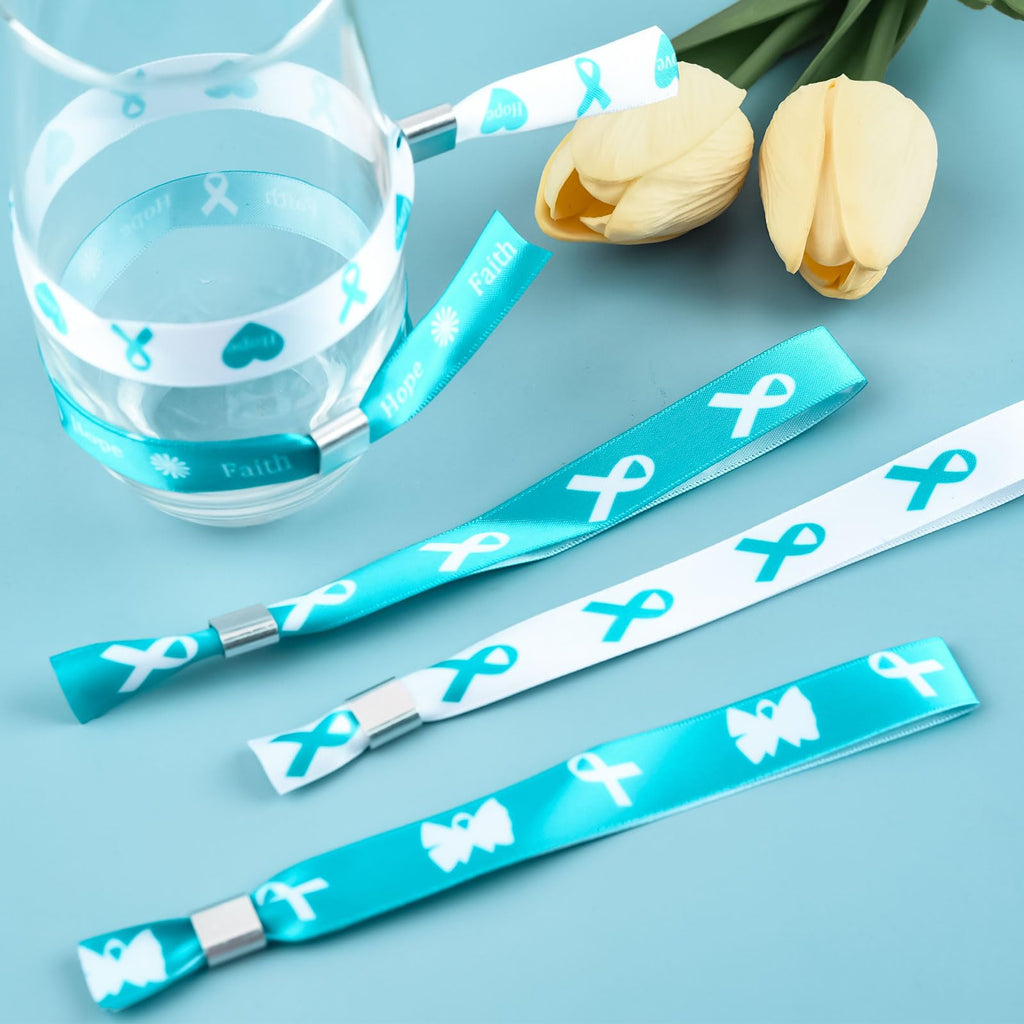 WANDIC 30 Pcs Teal Ribbon Bracelets, 5 Style Polyester Single Side Adjustable Cervical Cancer Awareness Support Wristband for Event Fundraising, 6.89 * 0.59 * 0.07, no Gemstone