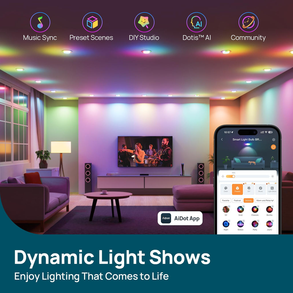 Linkind Matter BR30 Smart Light Bulbs with Stretchable Design & 4-Zone Aurascape Color, 850LM Recessed Smart Flood Light Bulb, Works with Alexa/Apple Home/Google Home, Music Sync Light Show, 4 Pack