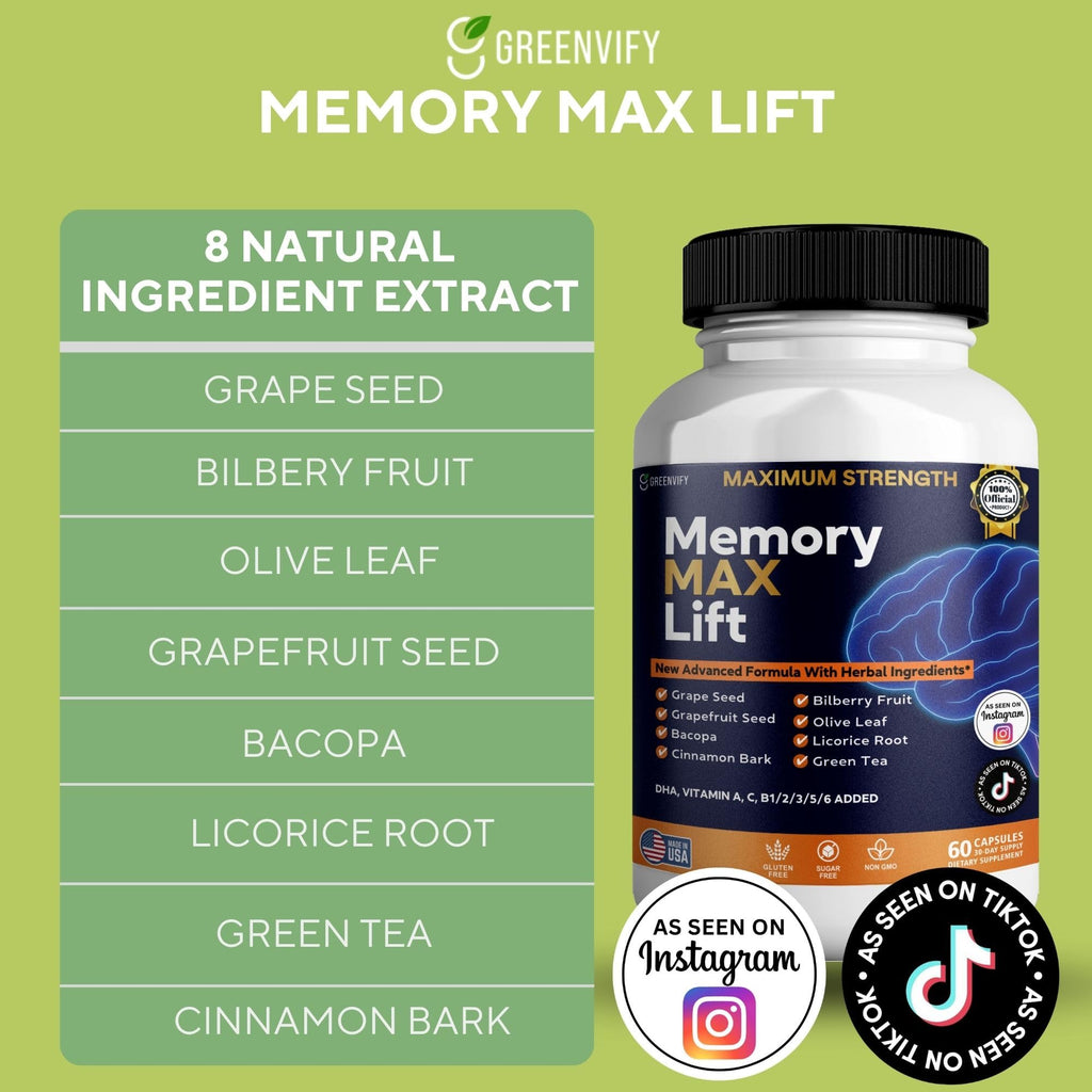 GREENVIFY Memory MAX Lift Brain Support Supplement, Nootropic Cognitive Focus Formula, 60 Capsules