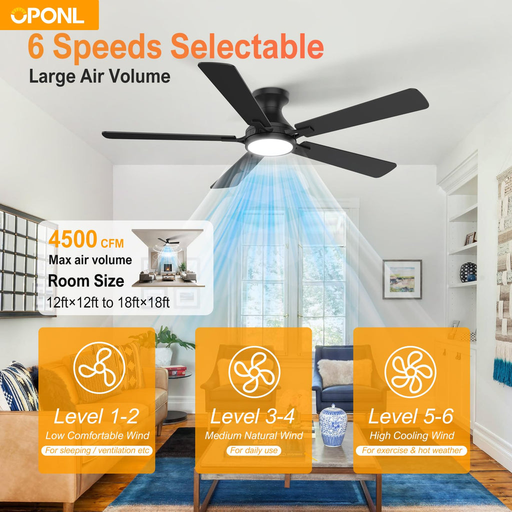 OPONL Ceiling Fan with Light, 52 inch Low Profile Ceiling fan with Light and Remote Control, Reversible, 6CCT, Dimmable, Noiseless, Black Ceiling Fan for Bedroom, Indoor/Outdoor Use, Modern