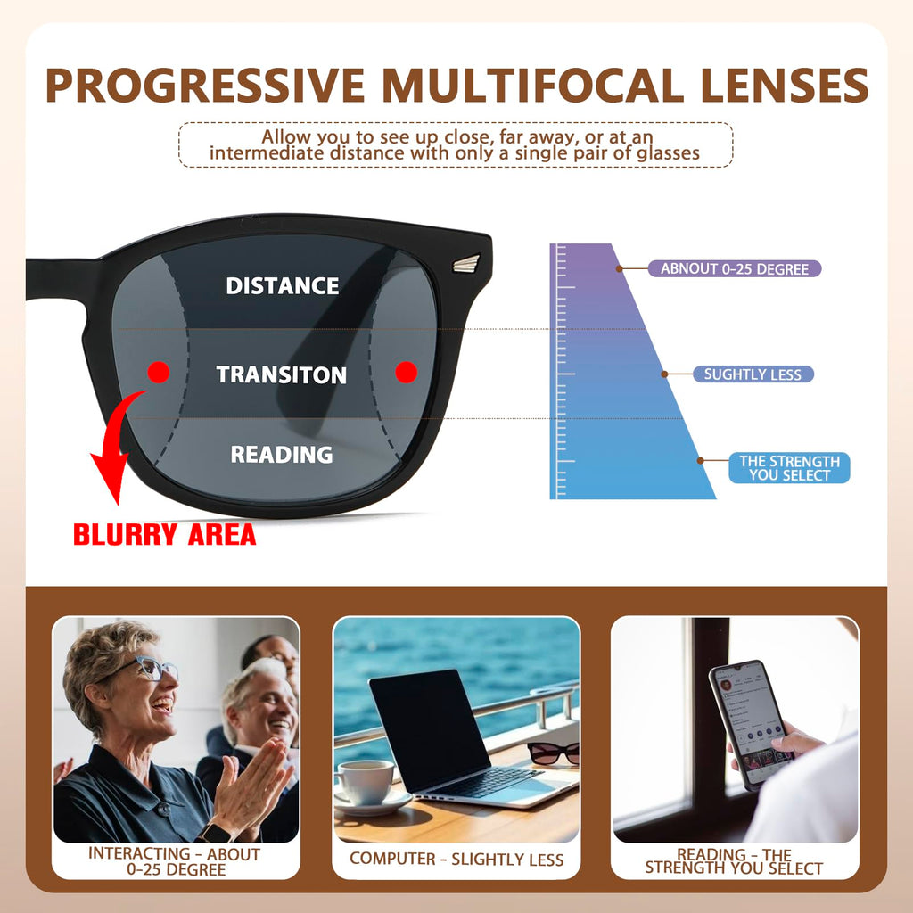 RLOZRN 4 Pack Progressive Reading Sunglasses for Women Men, No Line Square Multifocal Sun Readers UV400 Protection