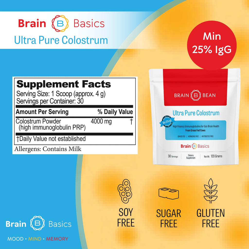 Brain Basics Ultra-Pure Colostrum, 4000mg per Serving, Min 25% IgG antibodies, Gut-Brain-Immune Health, Glowing Hair and Skin. Colostrum Powder from Grass-Fed Cows. 120 Grams - 30 Servings