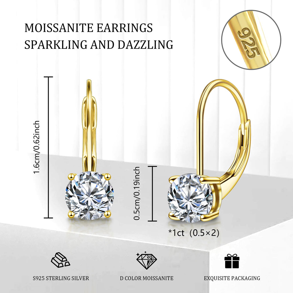 1.0ct Moissanite Gold Dangle Earrings for Women Drop Leverback Earrings