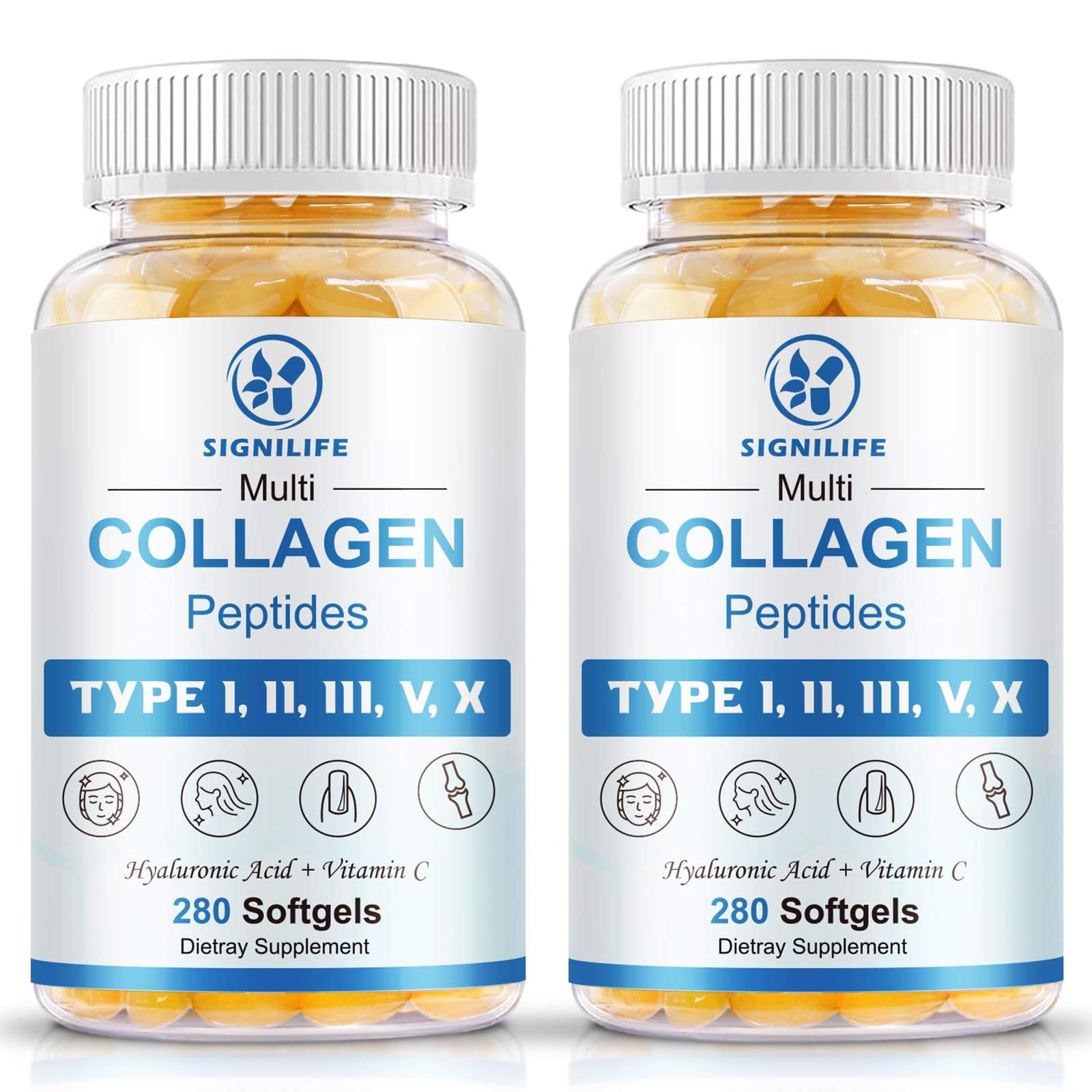 SIGNILIFE Multi Collagen Peptides for Women & Men, Hydrolyzed Collagen Peptides-Type I, II, III, V, X - with Hyaluronic Acid,Vitamin C,Biotin,Supports Skin Hair Nail, Non-GMO,560 Softgels
