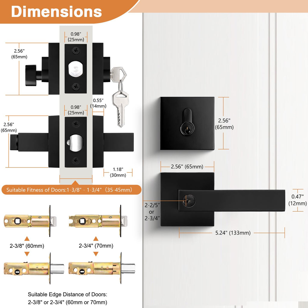 Probrico Flat Black Entry Levers Lock Sets and Single Cylinder Deadbolts Keyed Alike Combination Set, Heavy Duty Square Entry Door Locksets Front Door Bedroom Entrance Handles, 1 Pack(All Same Keys)
