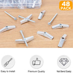 KURUI 1/8 Toggle Bolts for Drywall, 48 Pcs Heavy Duty Metal Drywall Anchors Kit, Dry Wall Anchors and Screws Kit, Butterfly Anchors for Ceiling, Sheetrock, Hollow Wall