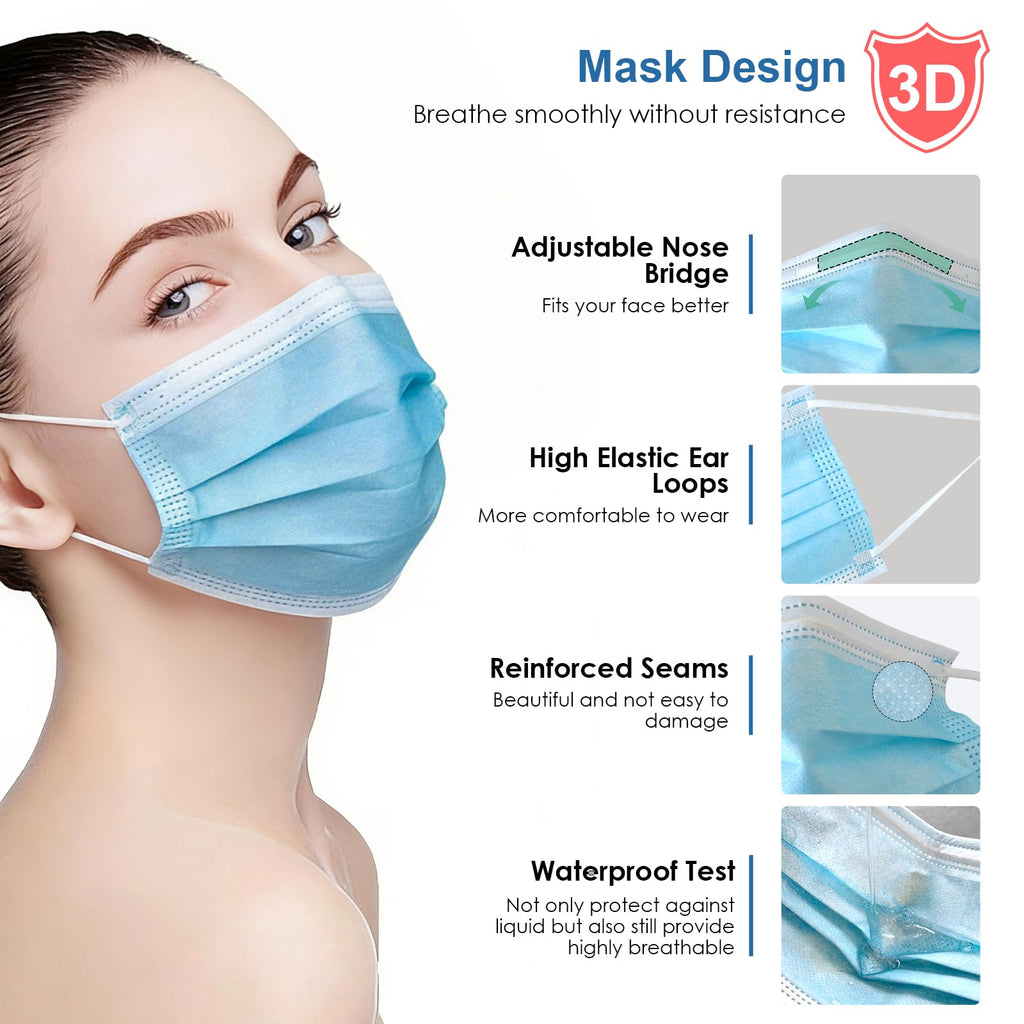 NNPCBT Blue Disposable Face Masks 100 Pack,Mask for Adults Outdoor Indoor