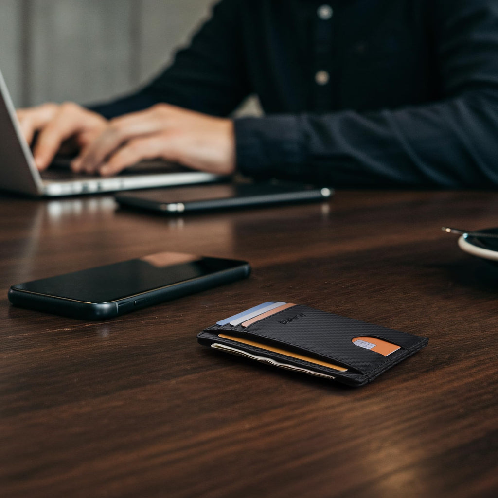 Buffway Slim Minimalist Front Pocket RFID Blocking Leather Wallets for Men and Women - Carbon Fiber Black