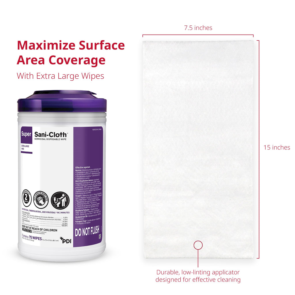 Super Sani-Cloth X-Large Disinfectant Wipes, 6-Pack (450 Count), 75 XL 7.5" x 15" Wipes, Hospital-Grade Surface Cleaning and Disinfecting