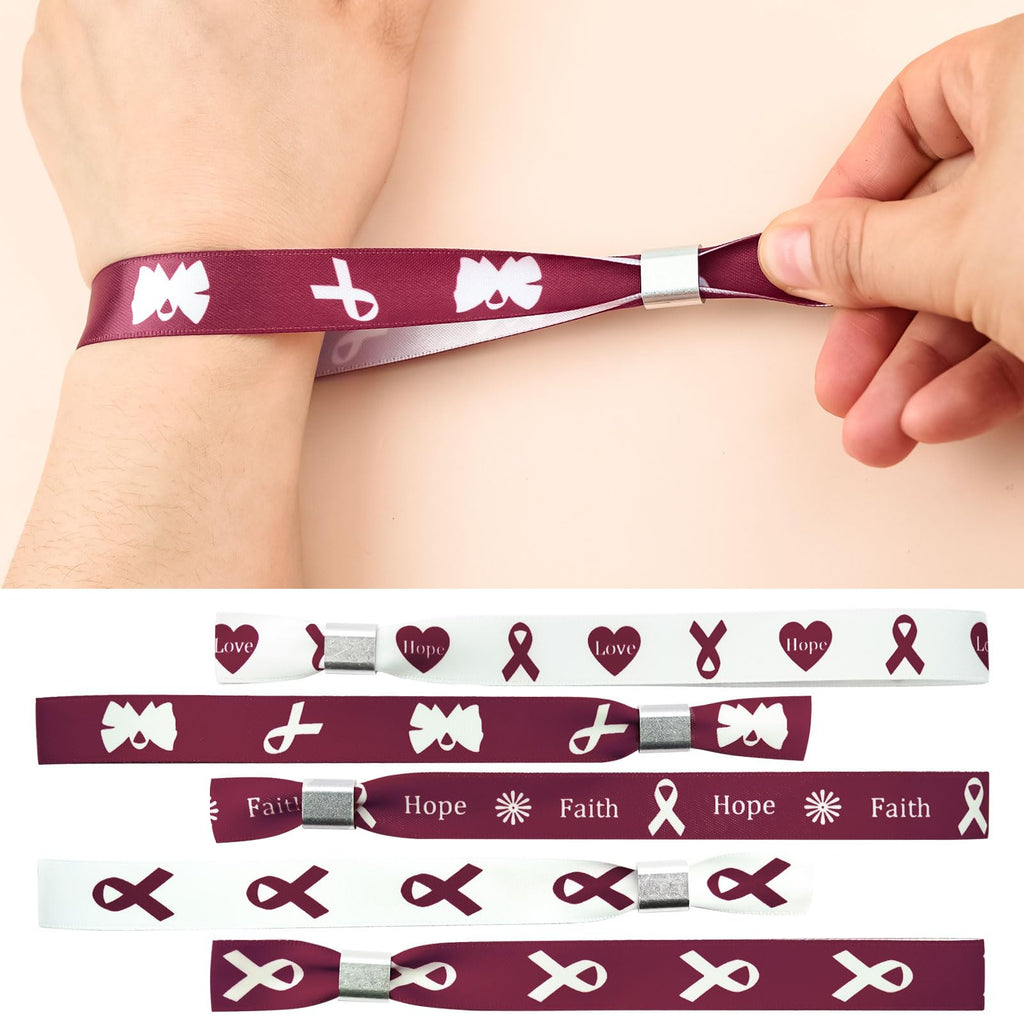 WANDIC 30 Pcs Burgundy Ribbon Bracelets, 5 Style Polyester Single Side Adjustable Multiple Myeloma Awareness Support Wristband for Event Fundraising, 6.89 * 0.59 * 0.07, no Gemstone