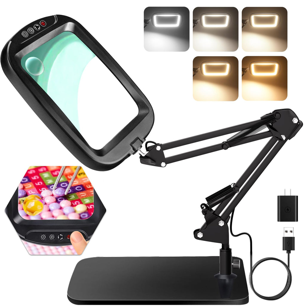 10X 30X Extra Large Magnifying Glass with Light and Stand,7-inch Lighted Magnifier,5 Color Modes Stepless Dimmable,Rectangle Hands-Free Magnifying Glass Desk Lamp for Reading Craft Hobby Close Work