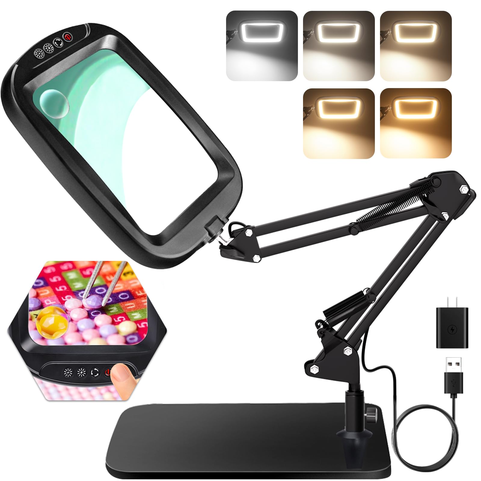 10X 30X Extra Large Magnifying Glass with Light and Stand,7-inch Lighted Magnifier,5 Color Modes Stepless Dimmable,Rectangle Hands-Free Magnifying Glass Desk Lamp for Reading Craft Hobby Close Work