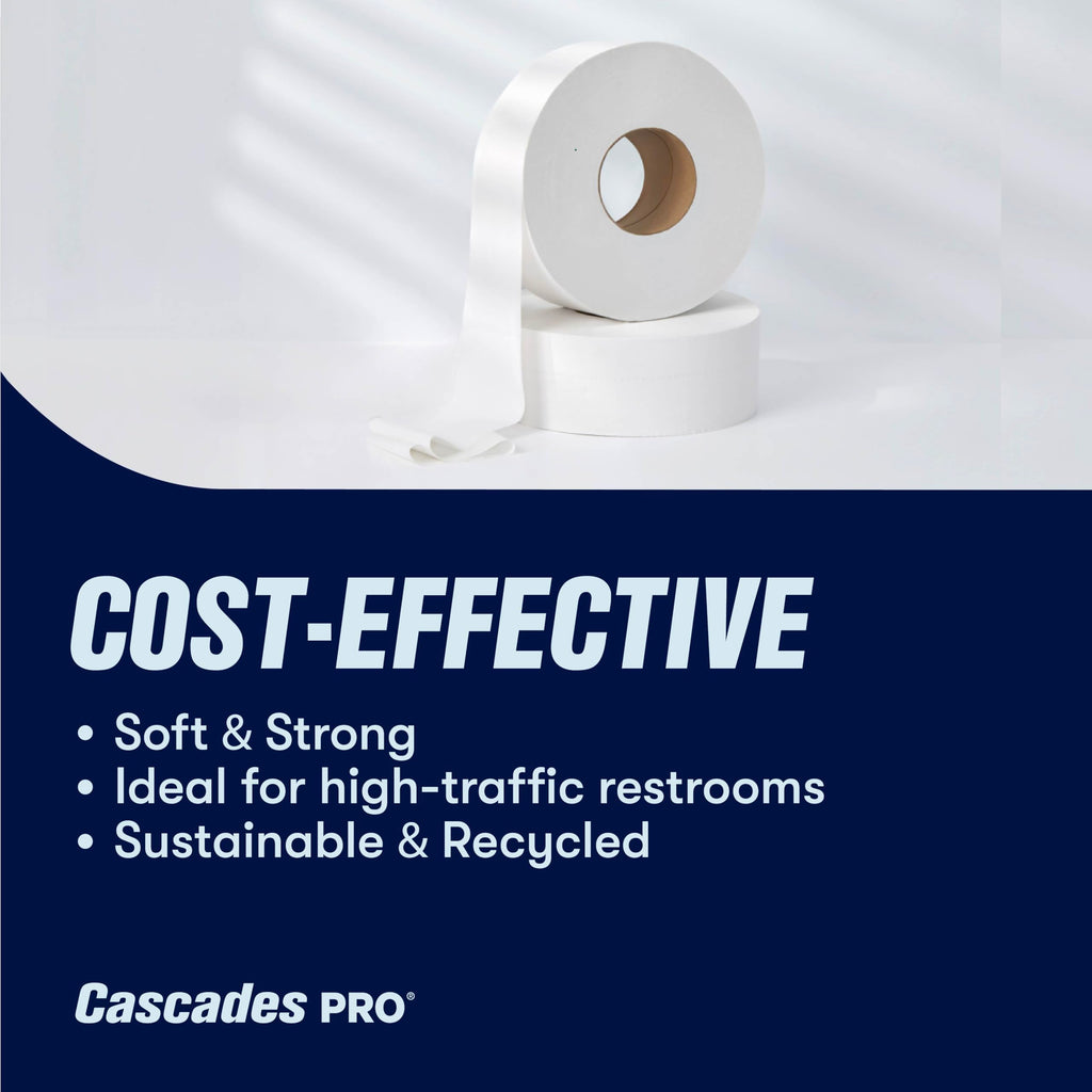 Cascades PRO Select Jumbo Bath Tissue – 2-Ply Toilet Paper – Fits Universal Jumbo Roll Dispensers – Soft, Durable, and Septic Safe – 500' Length/Roll, 12 Rolls/Box – B080 – White