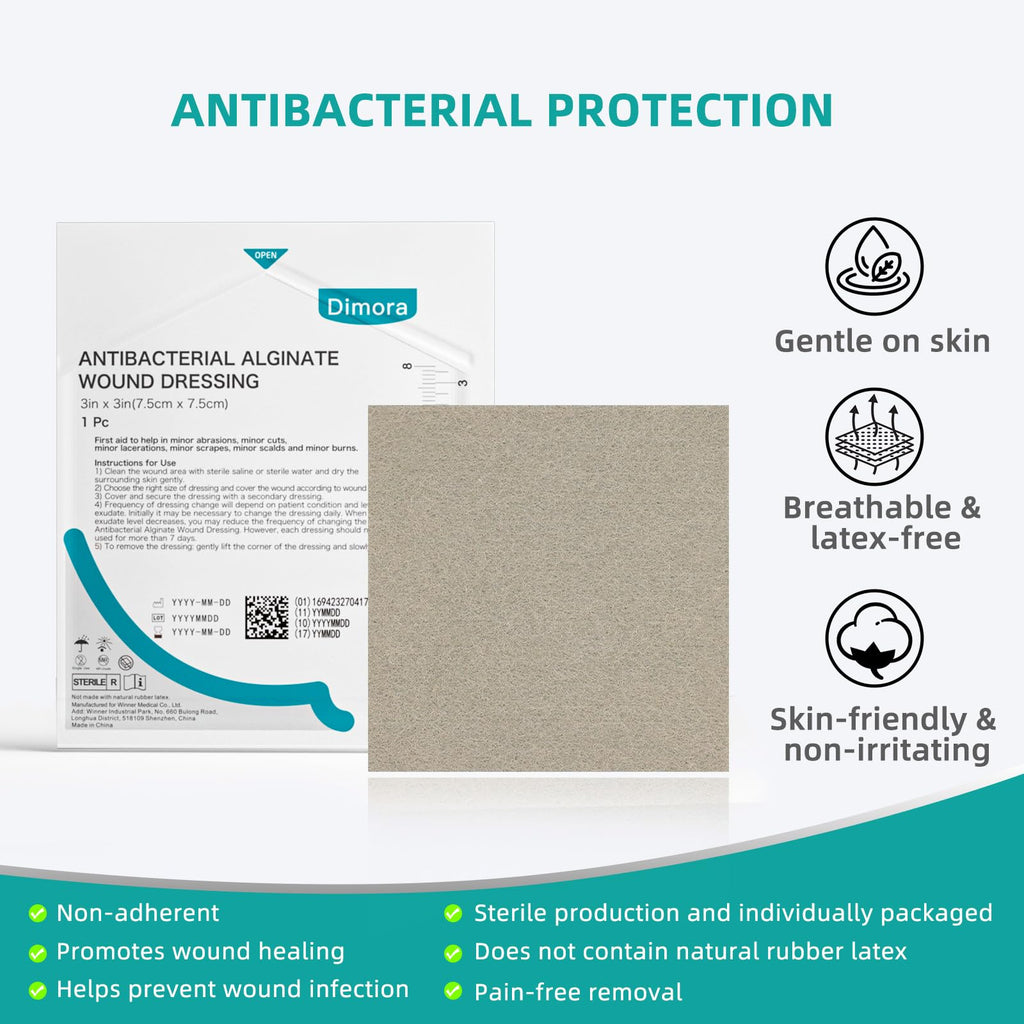 Dimora Upgrade Silver Calcium Alginate Wound Dressing -Antibacterial Non Stick Gauze for Wounds Care, Highly Absorbent Sterile Bandage Pads with Ag, 2'' x 2'' Patches 12 Packs Individual