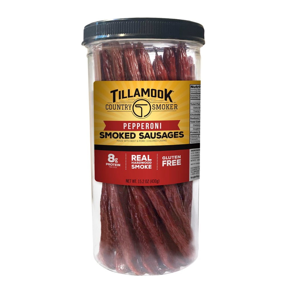 Tillamook Country Smoker Real Hardwood Smoked Sausages, Pepperoni, 15.2 Ounce Tall Jar, 20 Count