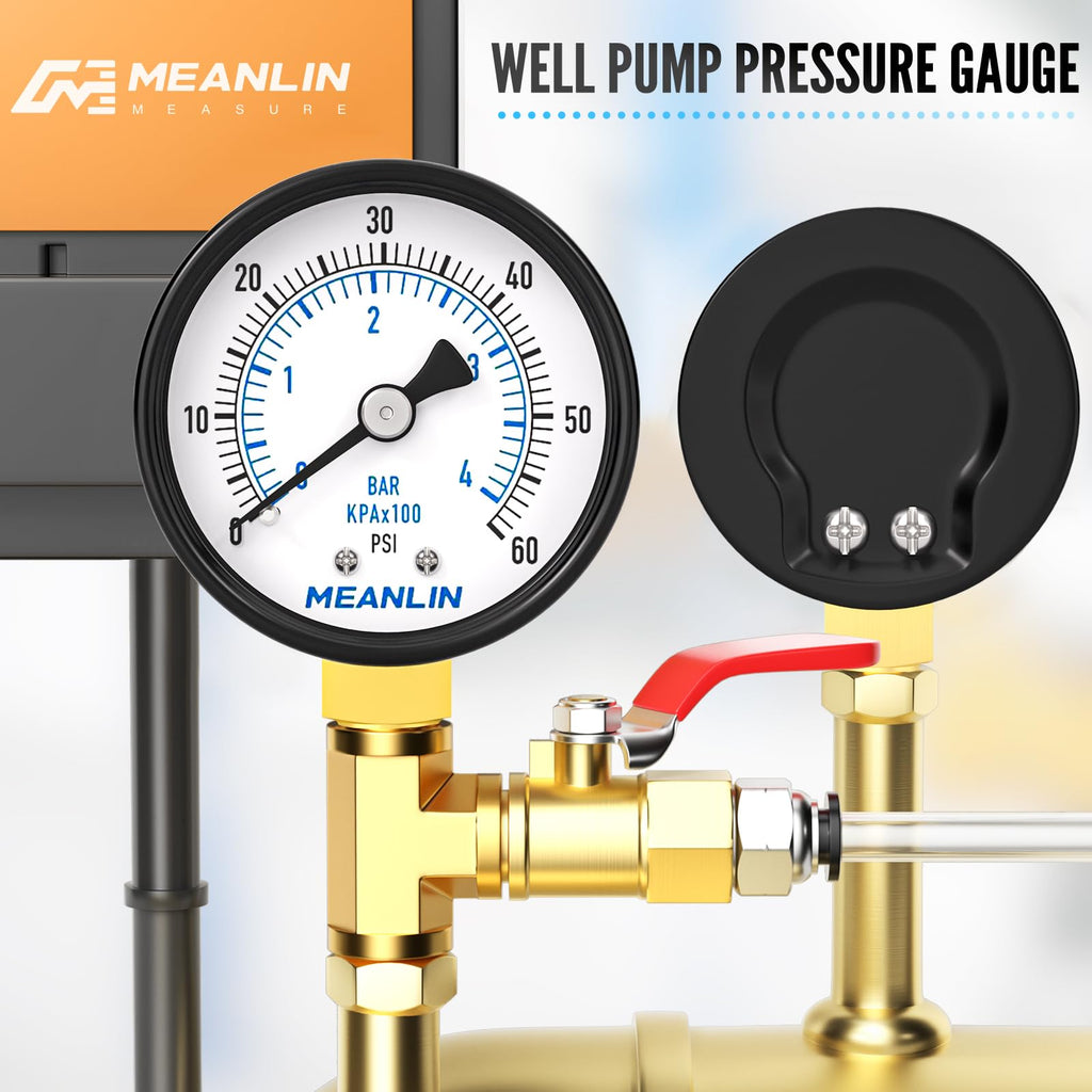 MEANLIN MEASURE 0-60Psi 2" DIAL FACE 1/4" NPT Well Pump Pressure Gauge, with 1/2" NPT and 3/8" NPT Hex Bushing, Pool Sand Filter WOG Water Oil Air Pressure Test, Lower Mount (Pack of 2)