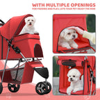 Magshion 3-Wheel Pet Stroller, Foldable Travel Jogger for Small & Medium Dogs & Cats (Up to 33lbs), Lightweight Carrier with Breathable Mesh Cover, Cup Holder & Storage Basket, Red