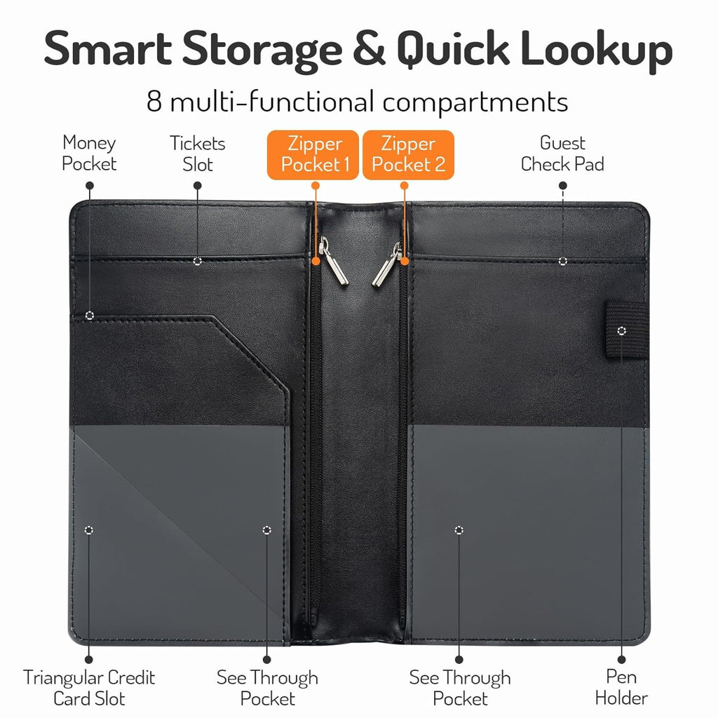 Server Book with 2 Zipper Pockets, Leather Server Books for Waitress