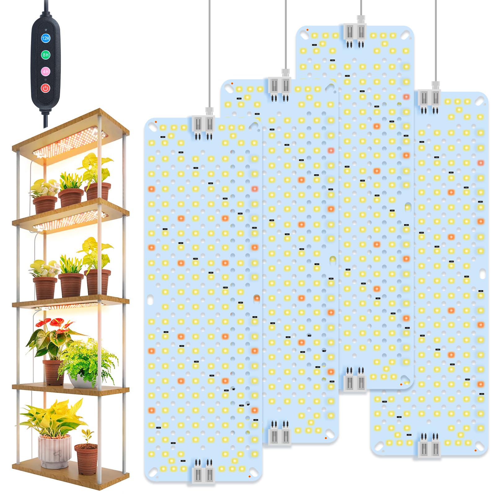 4-Pack Panel Grow Lights for Indoor Plants, FECiDA 2026 LED Plant Grow Light for Under Cabinet Plants, Full Spectrum Growing Lamp with 4,8,12,16,20 Hr Timer, Free Linking